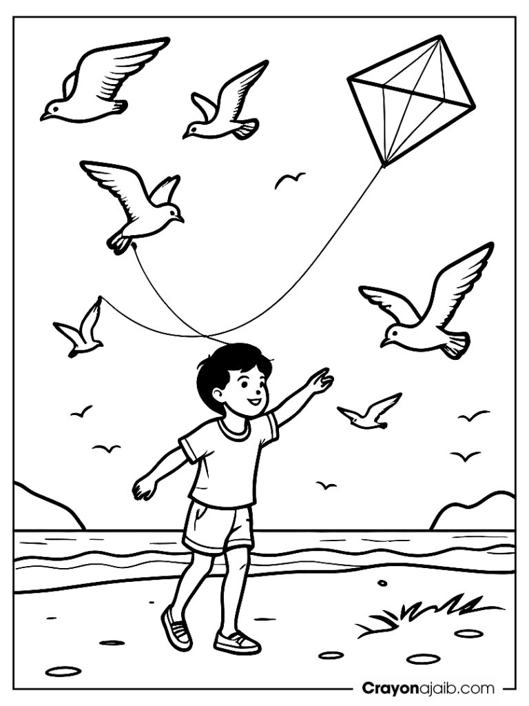 Flying kite with seagulls ca