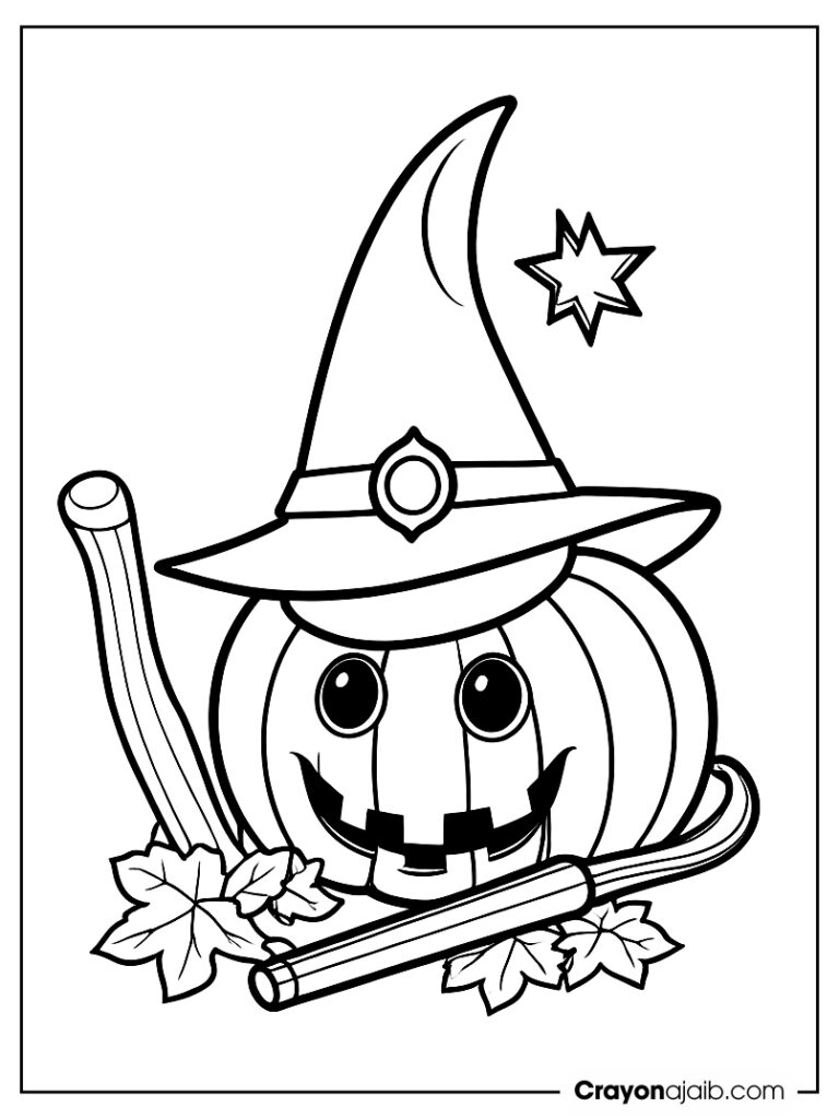 Halloween pumpkin with wizard hat and wand crayonajaib