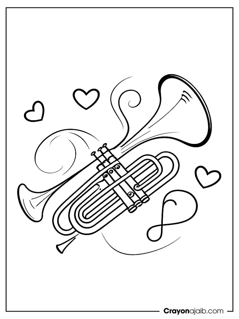 Heart and music note trumpet coloring page ca