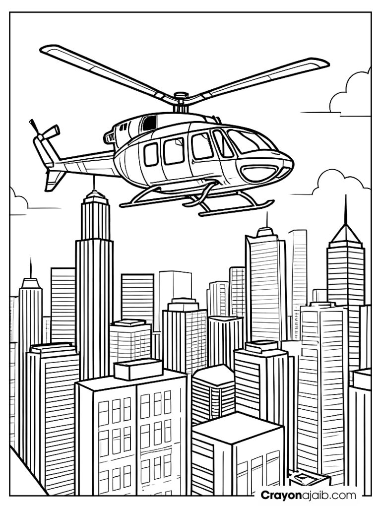 Helicopter over a city skyline for kids ca