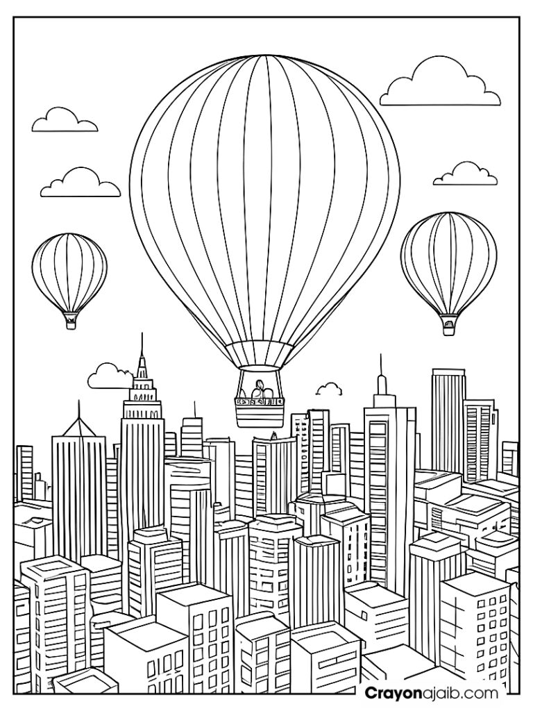 Hot air balloon over a cityscape for kindergarten ca