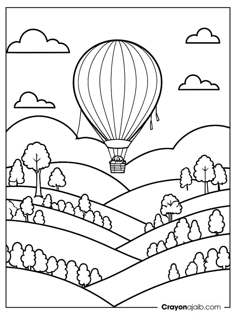 Hot air balloon over rolling hills for kids ca