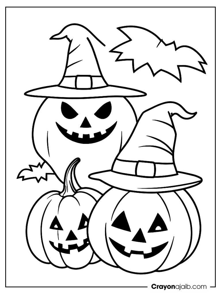 Jack o' lanterns with halloween bat and witch hat crayonajaib