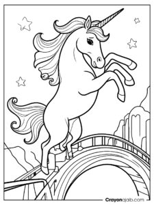 Jumping unicorn on a magic bridge crayonajaib