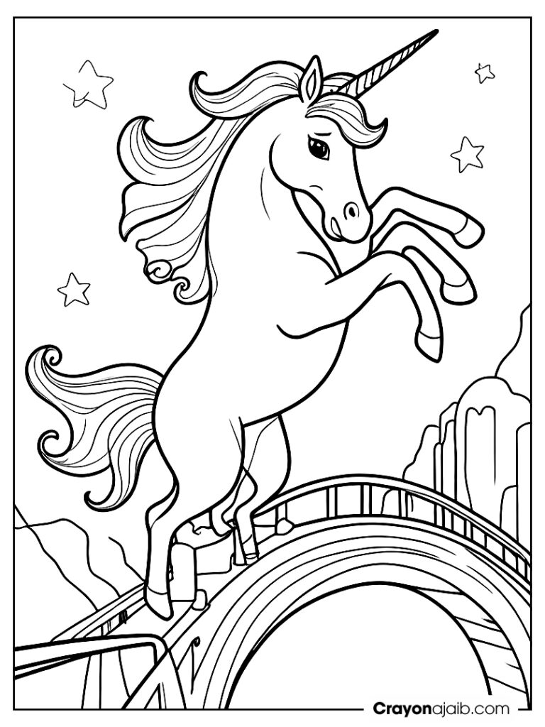 Jumping unicorn on a magic bridge crayonajaib