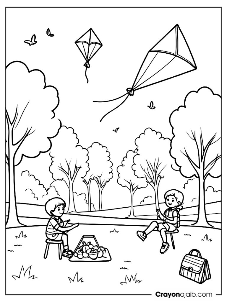 Kids flying kites picnic coloring page ca