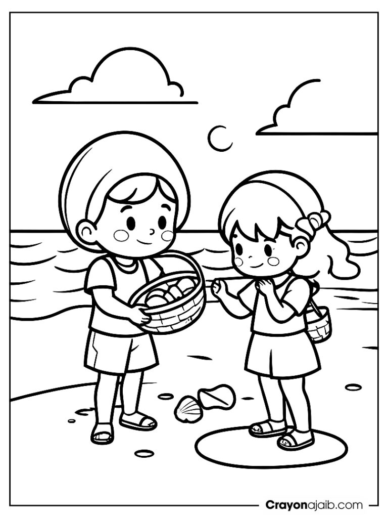 Kids picking seashells coloring page ca