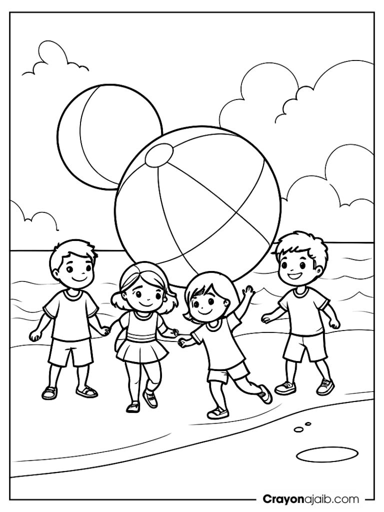 Kids playing beach ball coloring page ca