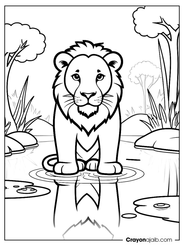 Lion looking at pond coloring page ca