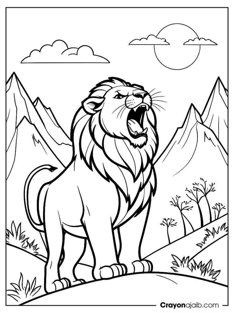 Lion roaring in mountains coloring page ca