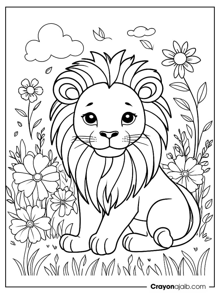 Lion surrounded by flowers coloring page ca