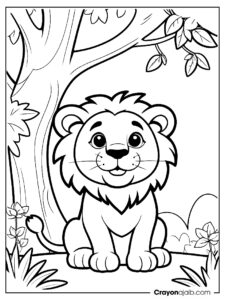 Lion under tree nature scene coloring page ca