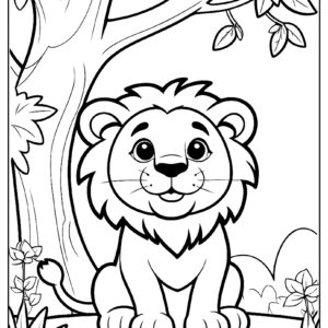 Lion under tree nature scene coloring page ca