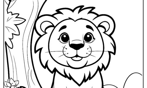 Lion under tree nature scene coloring page ca