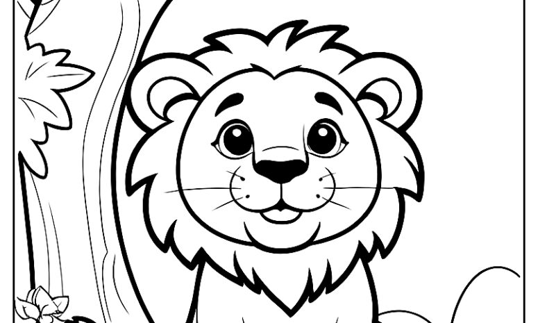 Lion under tree nature scene coloring page ca