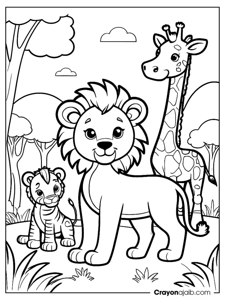 Lion and animal friends scene coloring page ca