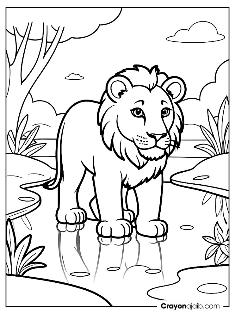 Lion and reflection coloring page ca