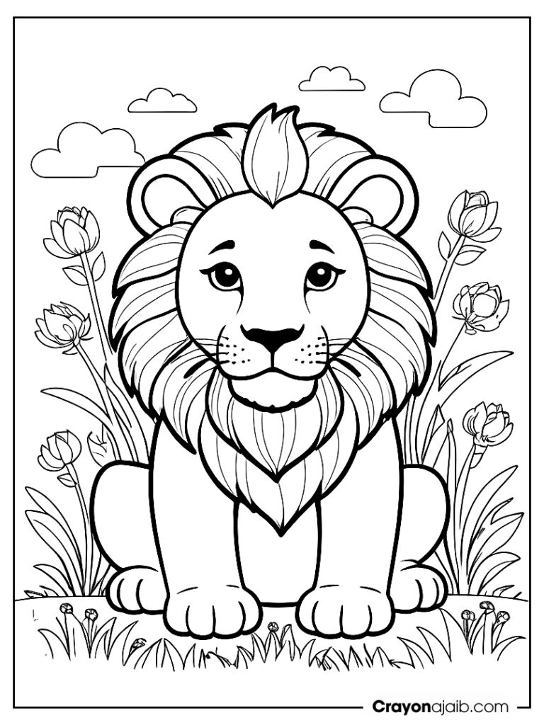 Lion in flower meadow coloring page ca