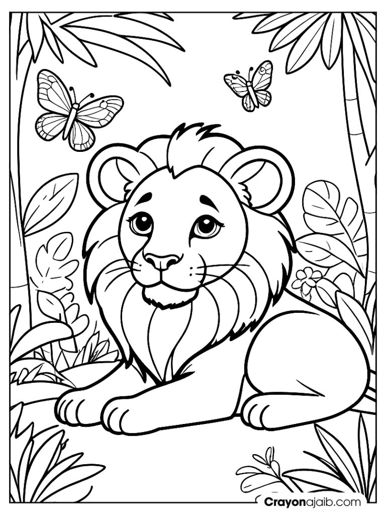 Lion in jungle with butterfly coloring page ca