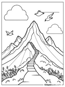 Majestic mountain with zigzag path and birds ca