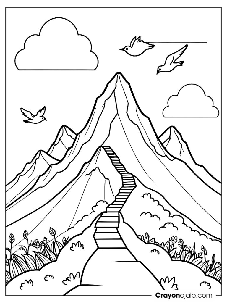 Majestic mountain with zigzag path and birds ca