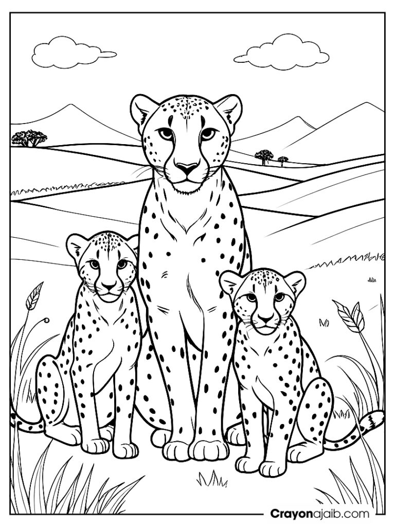 Mother cheetah and cubs coloring page ca