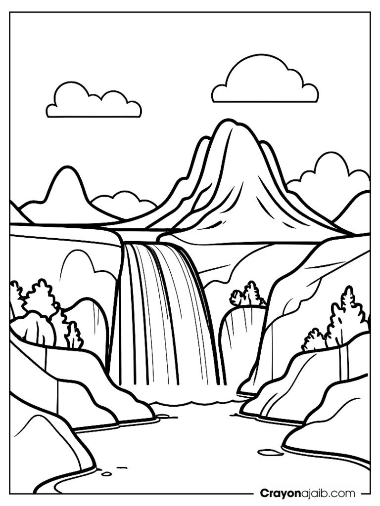 Mountain landscape coloring with cave and waterfall ca