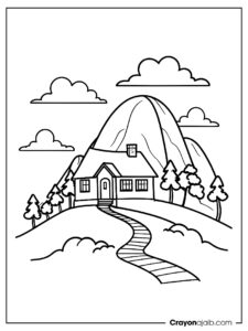 Mountain with cottage and curved path ca