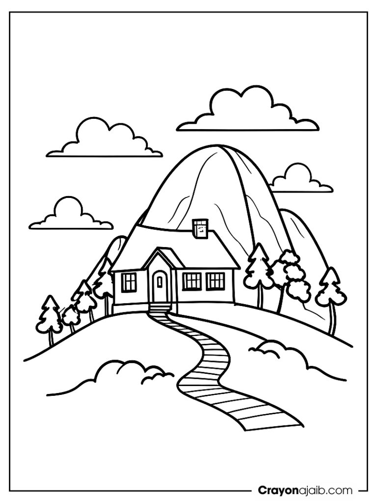 Mountain coloring with cottage and curved path ca