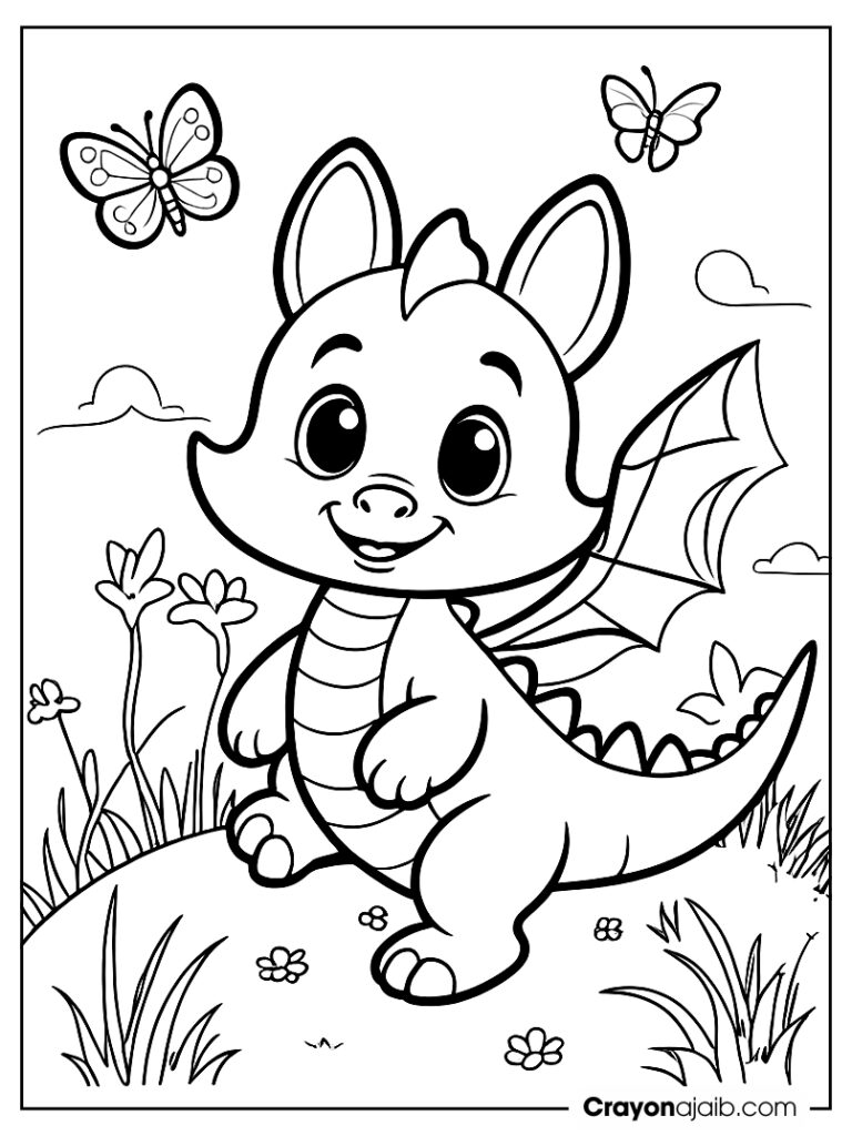 Playful baby dragon in a meadow crayonajaib