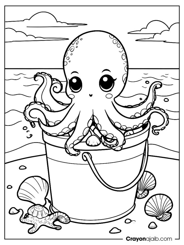 Realistic octopus on a bucket full of seashells coloring sheet vibes on beach ca