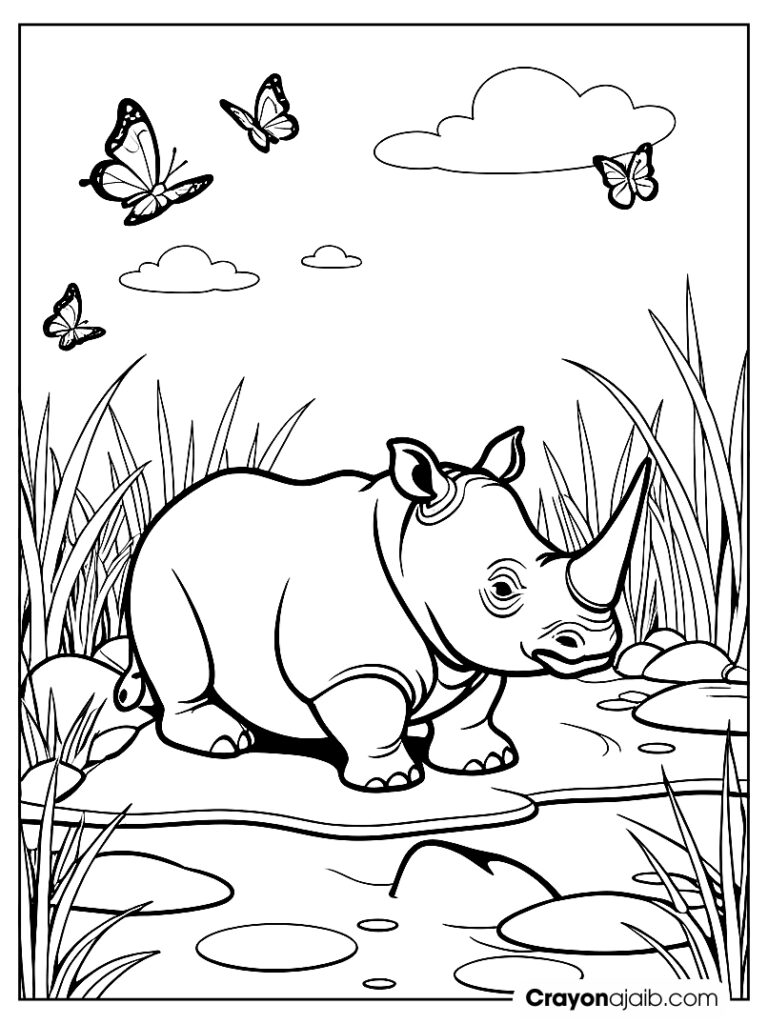 Rhino pond scene coloring page ca