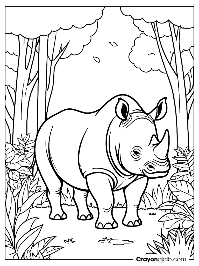 Rhino and birds coloring page ca