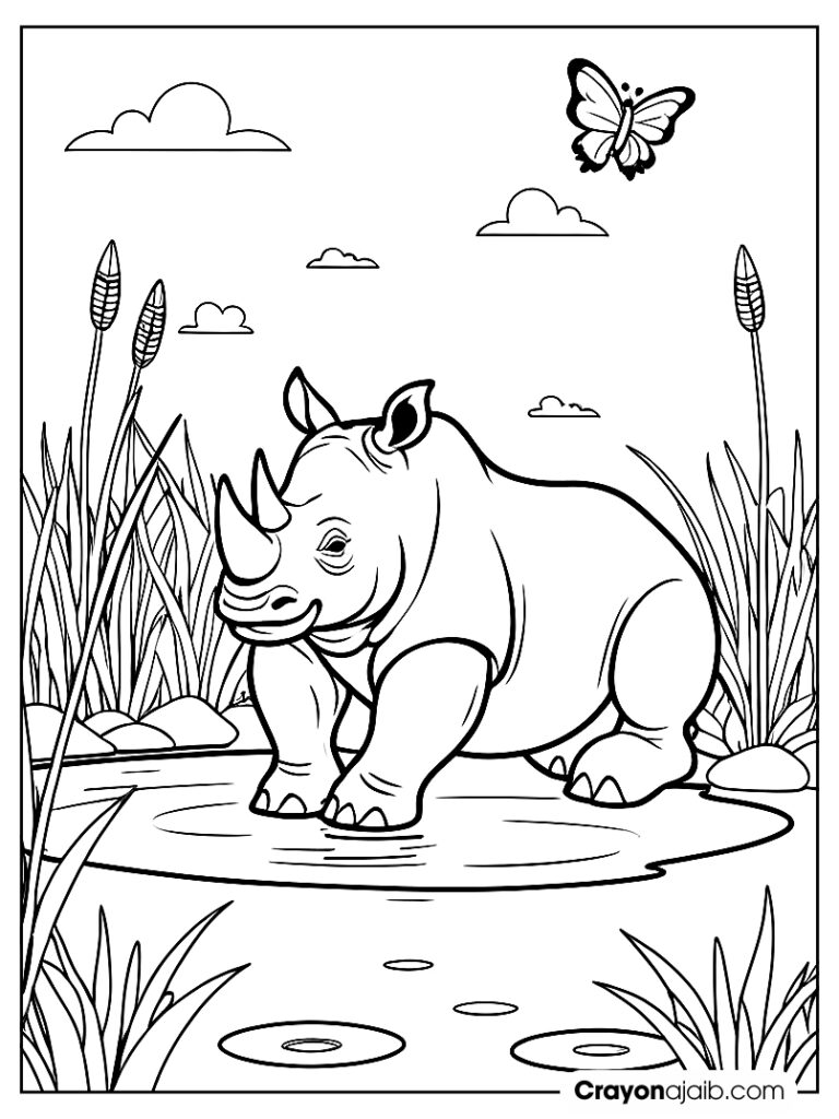 Rhino and butterflies coloring page ca