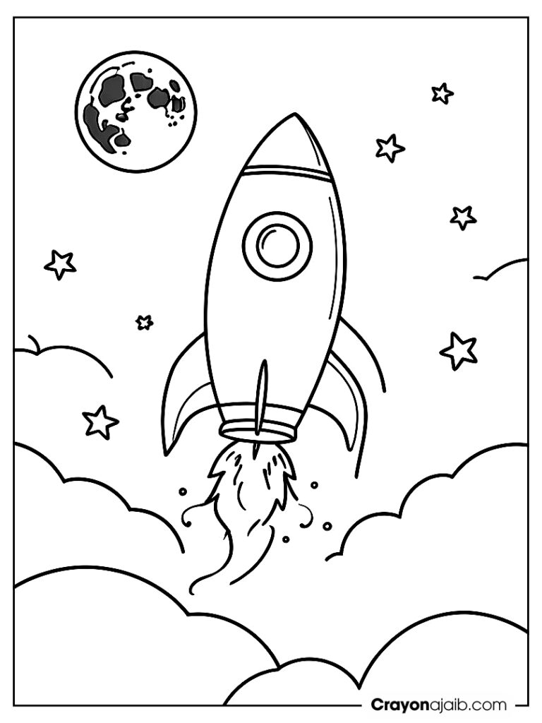 Rocket ship flying by the moon for preschoolers ca