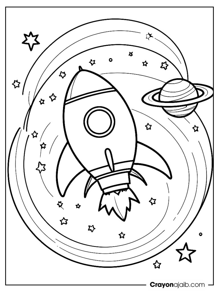 Rocket ship orbiting a planet with rings for kindergarten ca