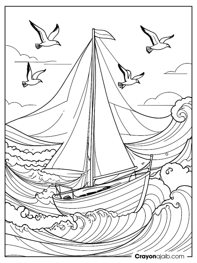 Sailboat with seagulls in ocean scene ca