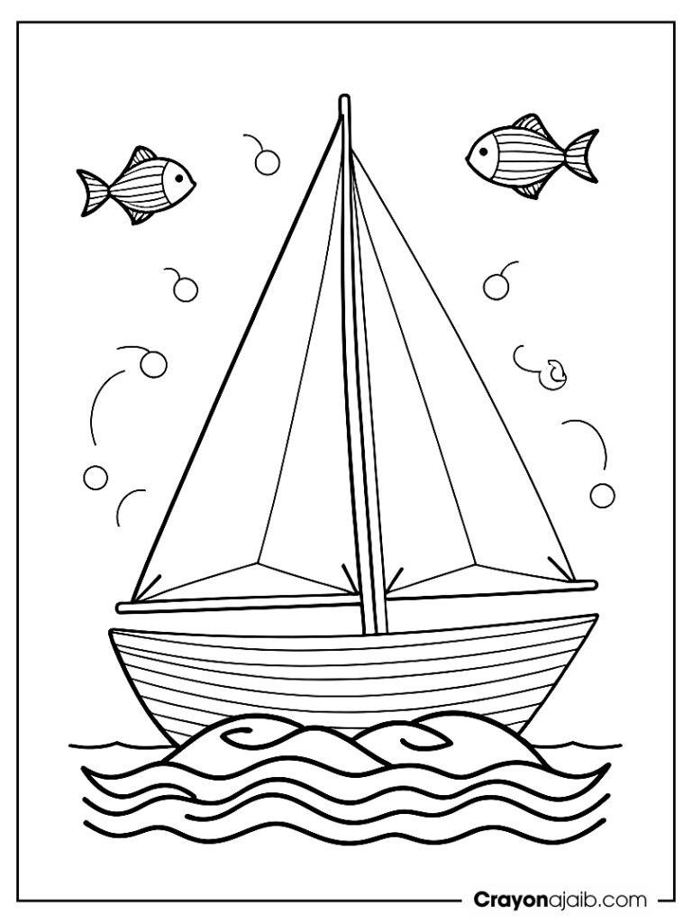 Sailboat with striped sail and jumping fish ca