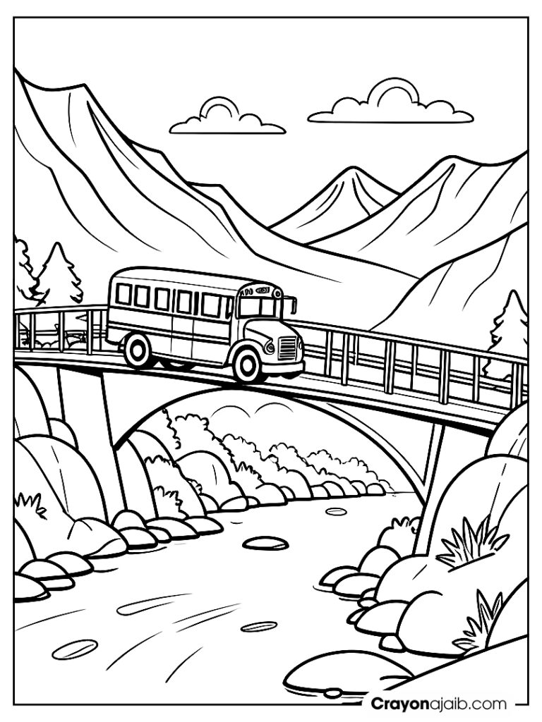 School bus driving over bridge for creative kids ca