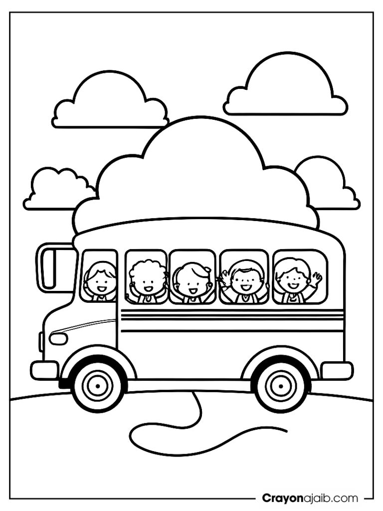 School bus with waving kids for kindergarten creativity ca