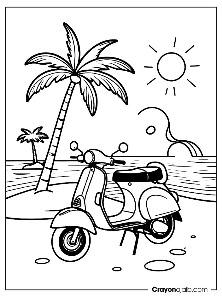 Scooter by the beach with palm tree and waves ca