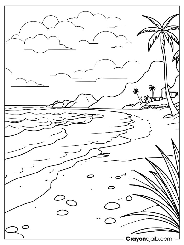 Simple beach scene coloring page for kids ca