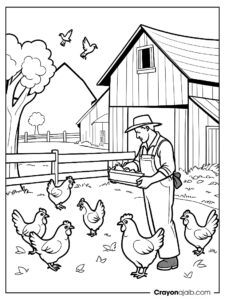 Simple farmer and chickens coloring sheet ca