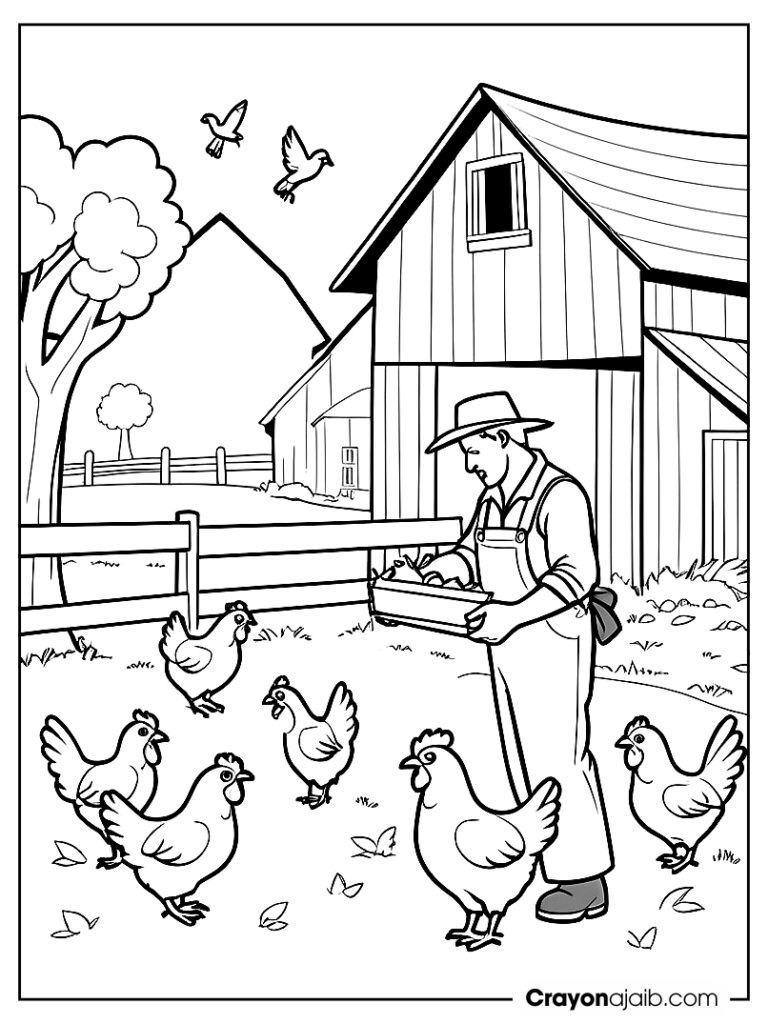 Simple farmer and chickens coloring sheet ca