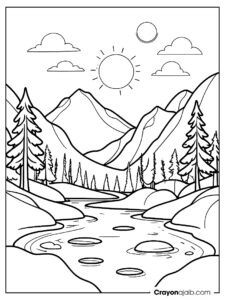 Simple mountain scene with river and pine trees ca