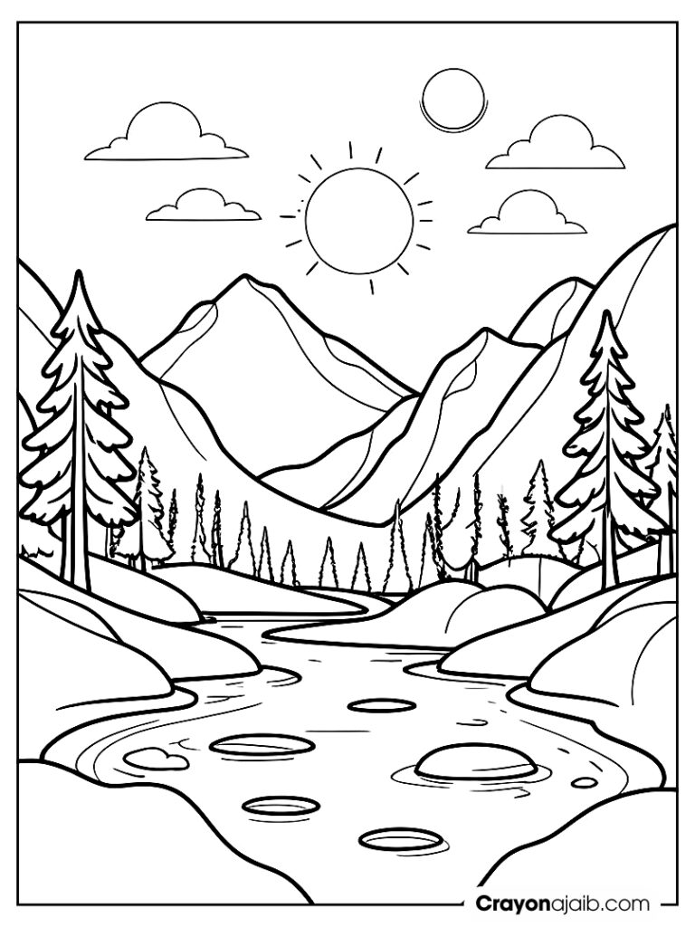 Simple mountain scene with river and pine trees ca