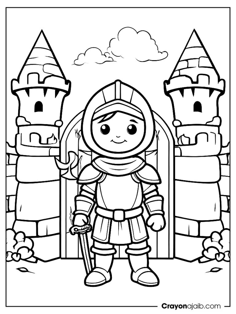 Small knight standing by castle gate crayonajaib