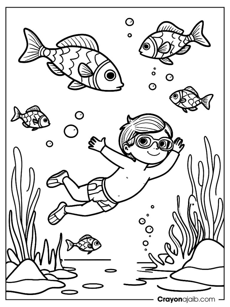 Snorkeling child coloring page ca