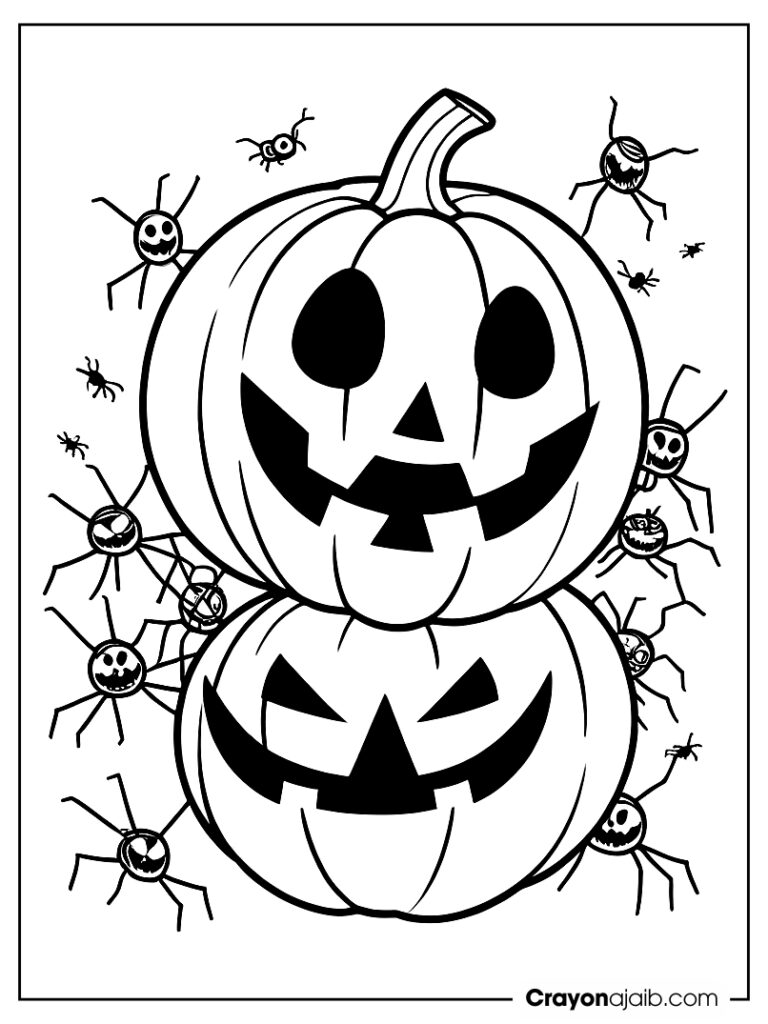 Spooky jack o' lantern with halloween spiders crayonajaib