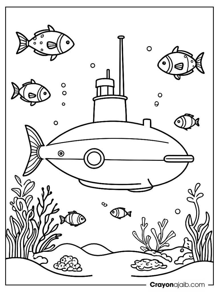 Submarine floating underwater with fish ca